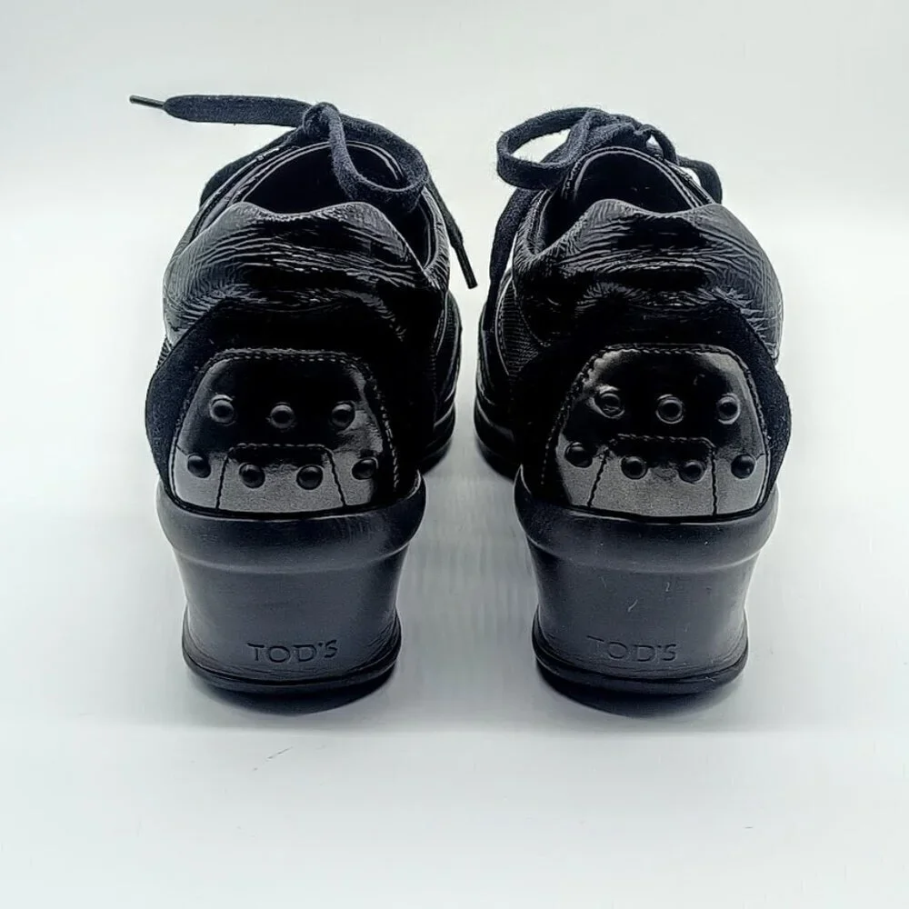 Tod's Black Italian Suede Leather Mesh Wedge Sneakers